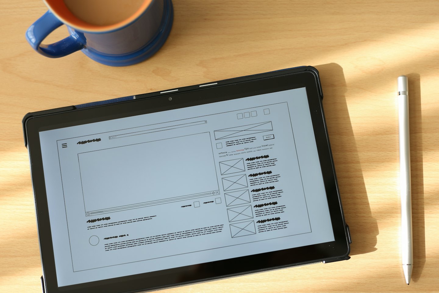 Tablet displaying wireframe on a wooden desk with coffee.